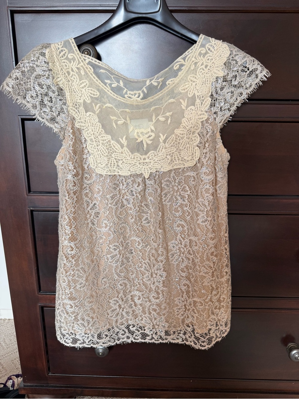 HD in Paris for Anthropology Cream Lace Overlay Cap-Sleeve Blouse